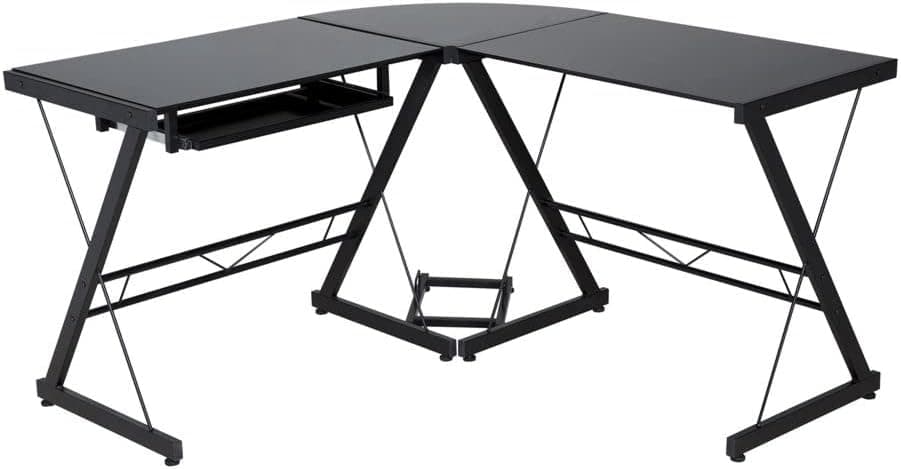 OneSpace Ultramodern Glass L-Shape Desk, Black and Clear