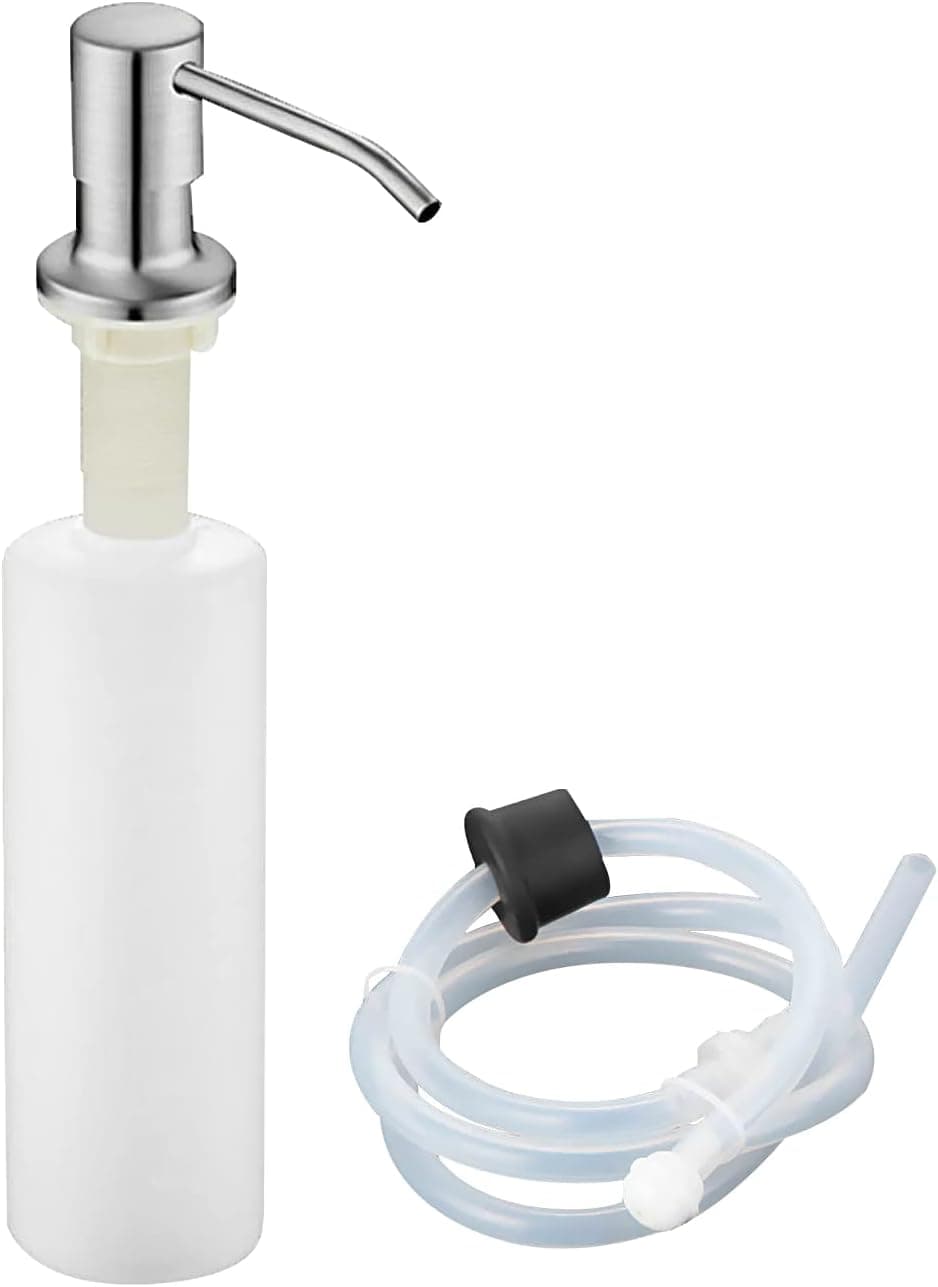 Barvita Soap Dispenser for Kitchen Sink Silver White Stainless Steel. Includes Dishwashing Liquid Bottle and 40" Extension Tube Kit (Silver) with Tube and Bottle