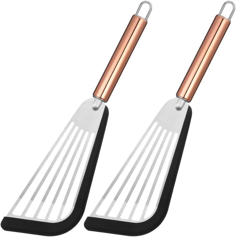 Havenport 2 Pack Slotted Spatula Turner Flexible Stainless Steel Spatula with Silicone Top Soft Edge Slotted Spatula with Golden Handle