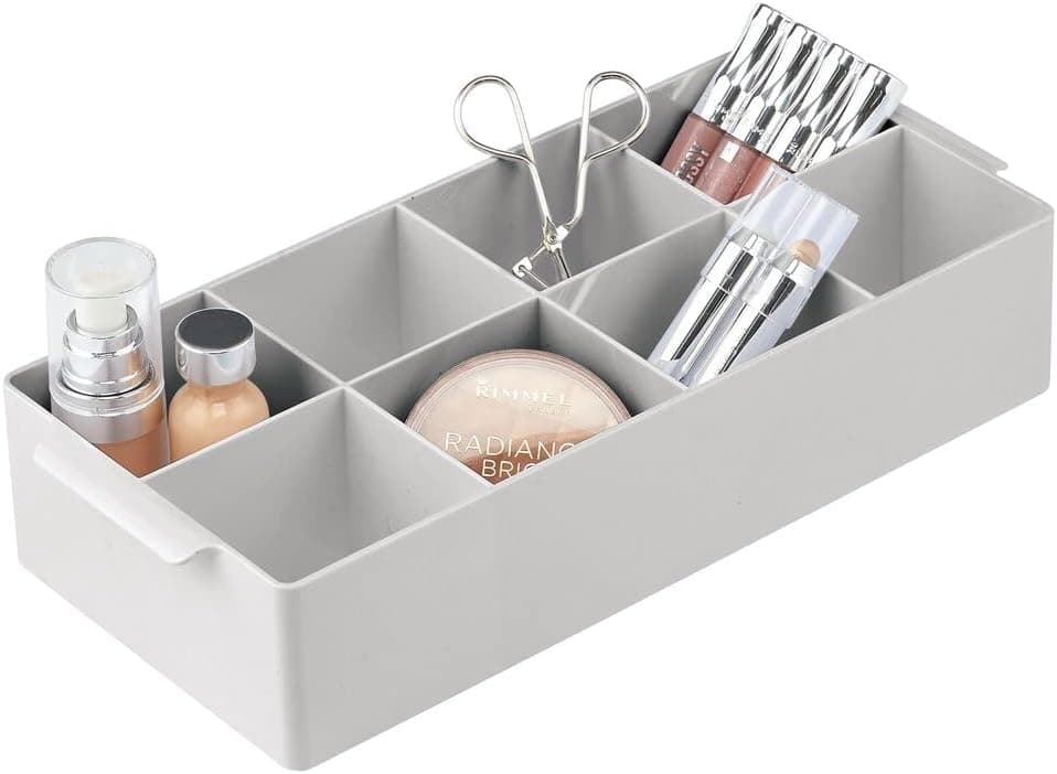 mDesign Plastic Divided Makeup Organizer Holder Tray for Bathroom Drawer, Vanity, Countertop Storage - Cosmetic Organization Holds Brushes, Accessories - 8 Compartments, Lumiere Collection, Light Gray