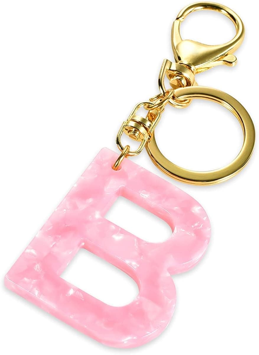 Junyuerly Gold Initial Key Chain Pink Acetate Letter Pendant Key Ring Backpack Accessories for Girls