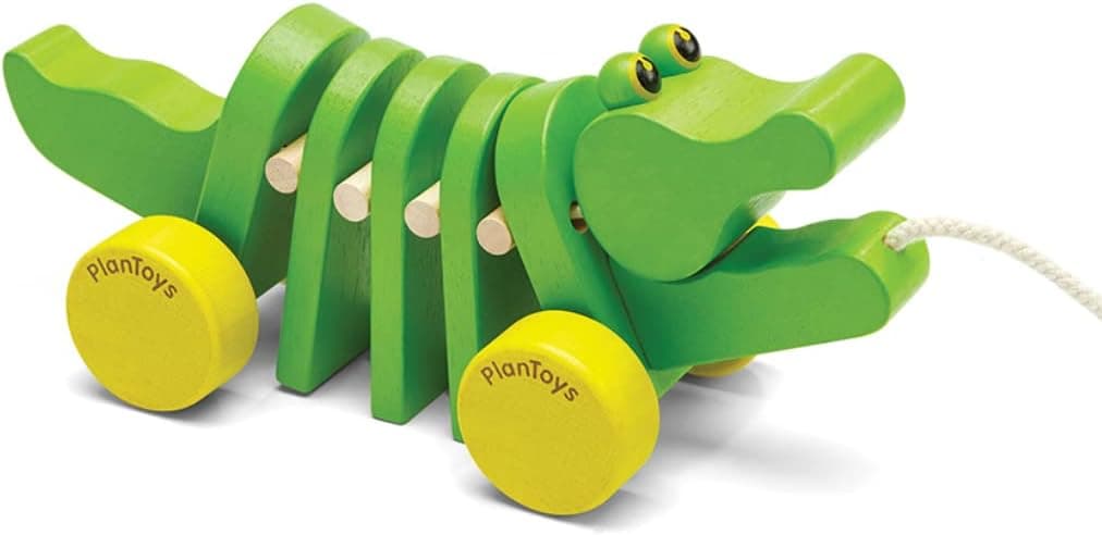 PlanToys Dancing Alligator Push & Pull Toy - Sustainably Made from Rubberwood with 3 Organic-Pigment Color Options and Makes Click-Clack Sounds and Dancing Movements when Pulled (Natural)