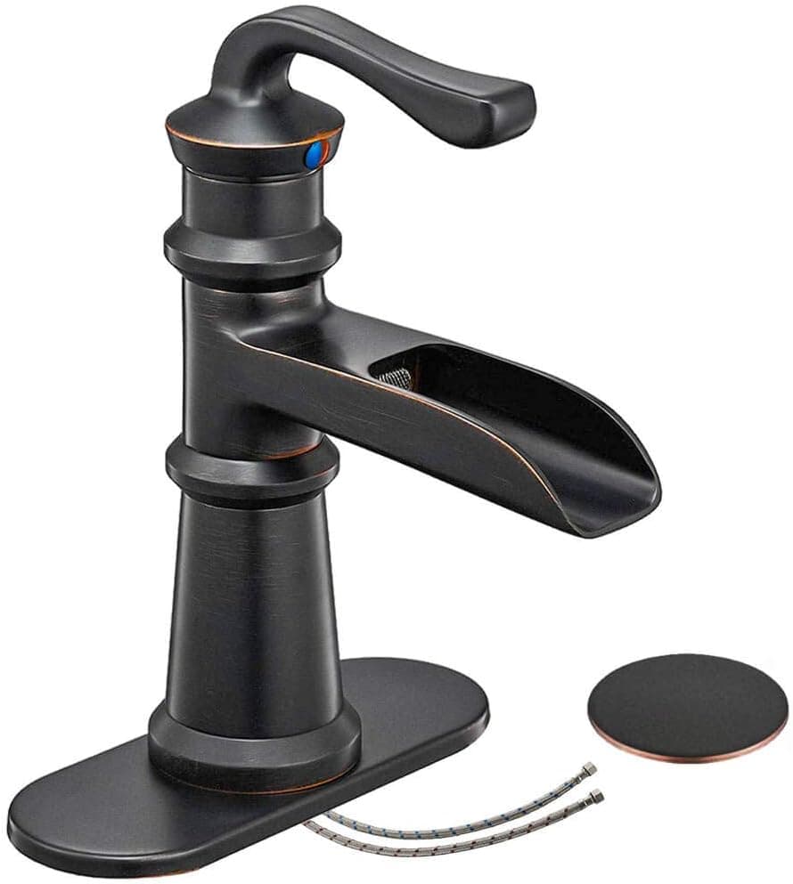 Bathlavish Bathroom Faucet Waterfall Oil Rubbed Bronze Single Handle Lavatory Vanity Sink With Pop Up Drain Stopper With Overflow Basin Mixer Tap Black One Hole Commercial Supply Line Lead-Free