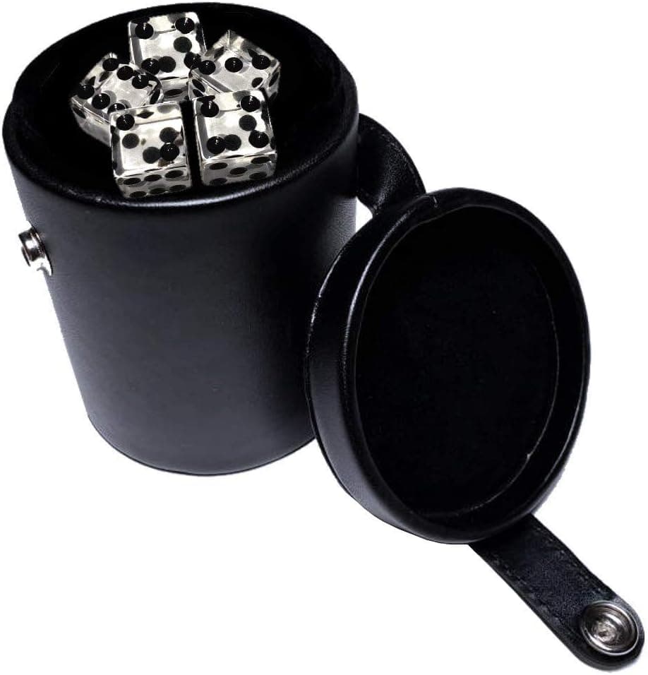 Deluxe Black Leatherette Dice Cup Soft Felt Lined + (5) 16mm 6-Sided Transparent Square Cornered Dice