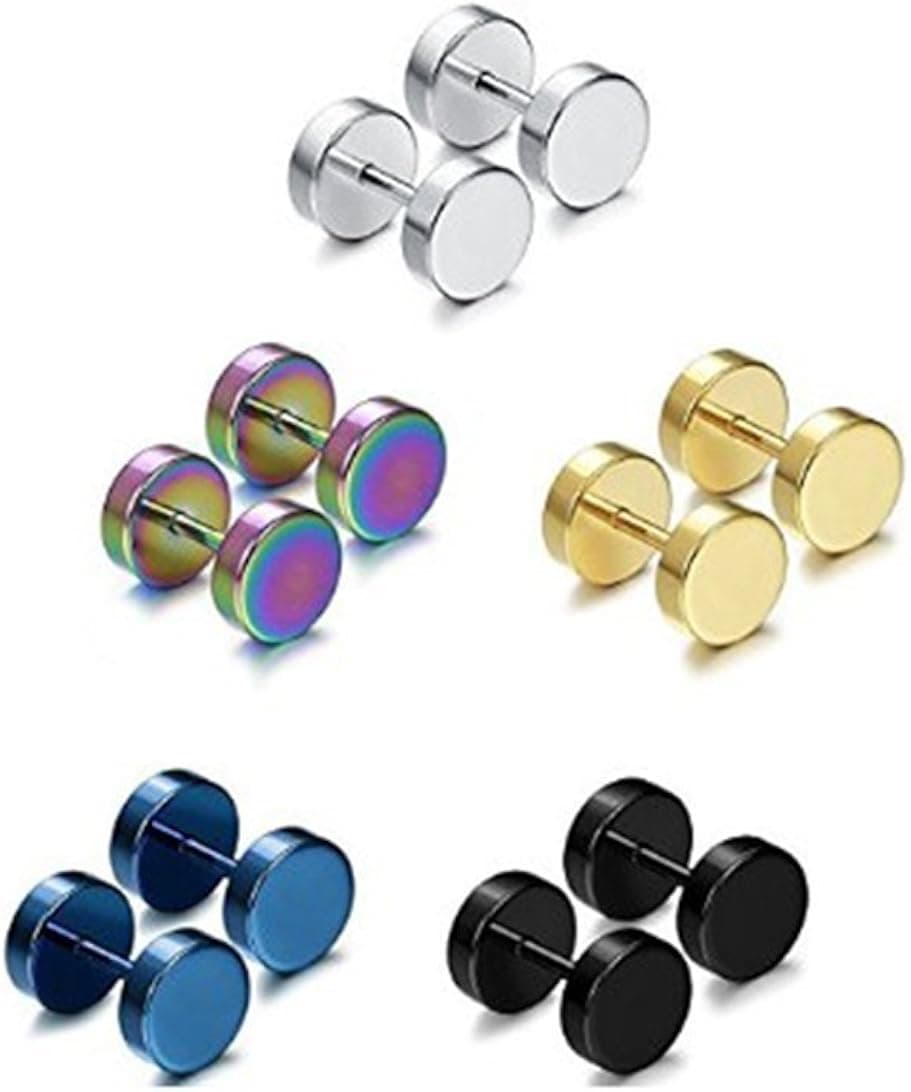 5 Pairs Stainless Steel Mens Womens Stud Earrings Set Faux Gauges Ear Piercing Plugs Tunnel,7mm-12mm