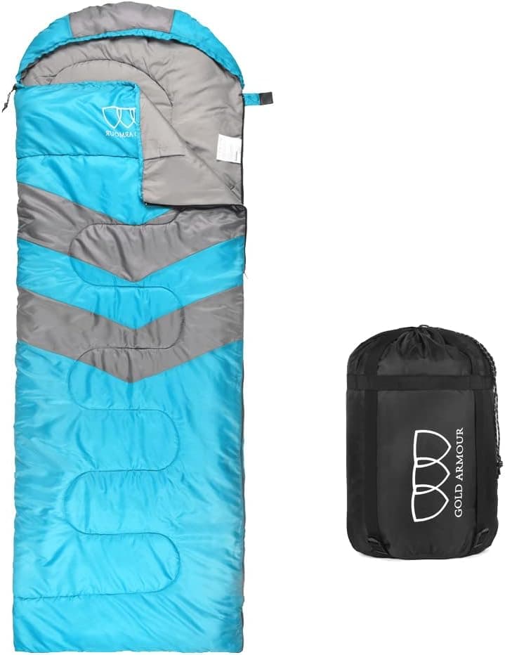 Gold Armour Sleeping Bags for Adults Kids Boys Girls Backpacking Hiking Camping, Cold Warm Weather 4 Seasons, Indoor Outdoor Use, Lightweight & Waterproof, Left Zipper