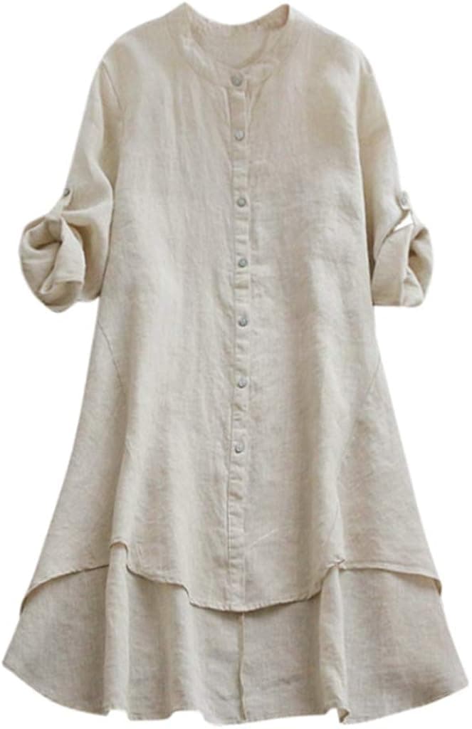 Mlide Womens Casual Loose Linen Shirt Blouse Button Down Long Sleeve Long Tops Babydoll Dresses Tunic Tops Dress