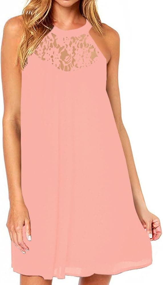vanberfia Women's Lace Patchwork Loose Casual Mini Chiffon Dress