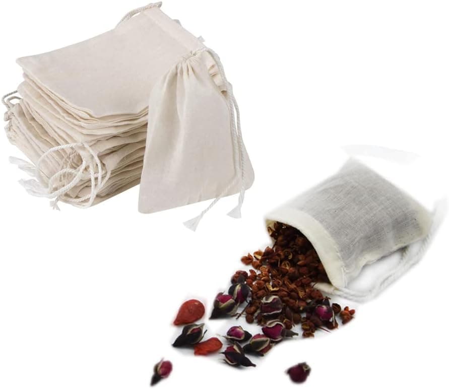 Surain 50 Pieces Cheesecloth Bag Drawstring Soup Bags Mesh Spices Bags for Coffee Loose Leaf Tea Crafts Sachet Soap Pouch (2.36x3.15inch), Natural color