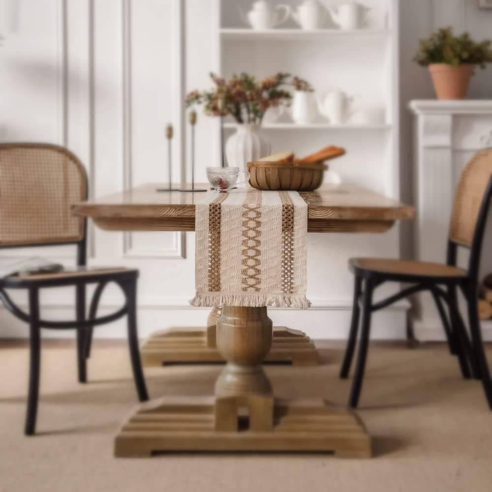 Qlovjun Burlap Table Runners 72 inches Long with Farmhouse , Boho Table Runner Cotton and Linen Tassel Handmade Stripe Stitching for Family Dining Table, Wedding, Birthday Party(11.8" W×72" L)
