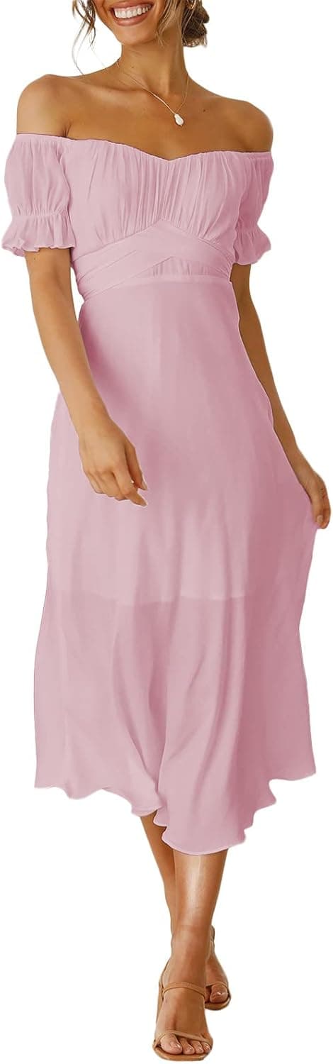 TOLENY Women Summer Sexy Off Shoulder Dresses Short Ruffle Sleeve Flowy Midi Dress