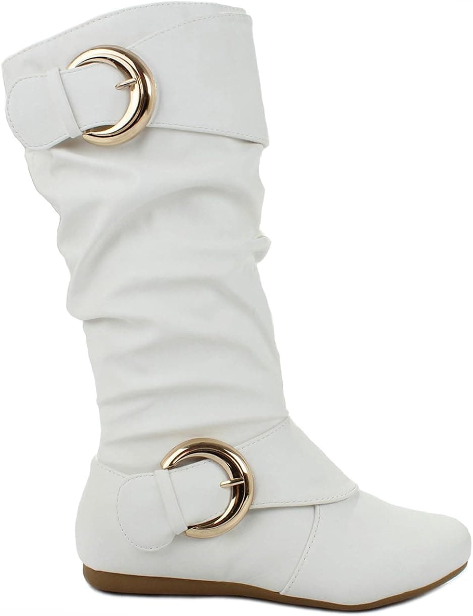 JJF Shoes Women B-85 Dual Buckle Leatherette Mid-Calf Casual Slouchy Zipper Boots