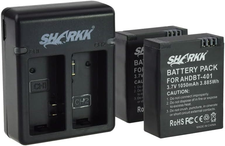 Sharkk 2 Pack Battery for GoPro Hero 4 2PK and Dual Charger for Go Pro Hero4 High Capacity Batteries with High Speed Rapid Charger AHDBT-401 AHBBP-401