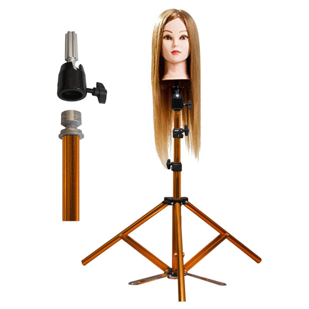 JFUNE Canvas Block Head Tripod Wig Stand Hairdressing Training Doll Head Stand Mannequin Manikin Head Tripod with Pedal, Light Stainless Steel Gold Color (Gold)