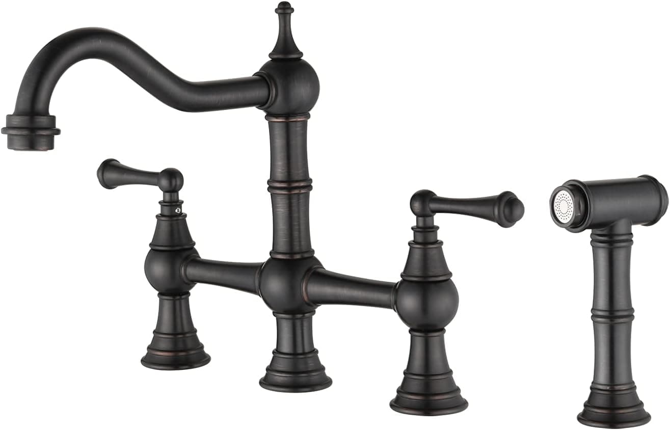 Blemoacha Kitchen Faucet with Sprayer,Anti-Fingerprint Brass Bridge Bar Faucets,2 Handle with Side Sprayer for Kitchen or Bathroom Sink,Swiveling Spout Solid Kitchen Faucet(Matte Black)