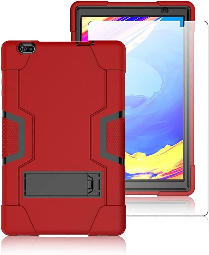 SOATUTO for Vankyo MatrixPad S20 Tablet Case with Screen Protector Tempered Glass for Toscido P20 P101/Topelotek Mid1001S/Hyundai Hytab Plus 10WB2 10 inch Tab Case Built in Stand (Red/Black+1 Pcs)