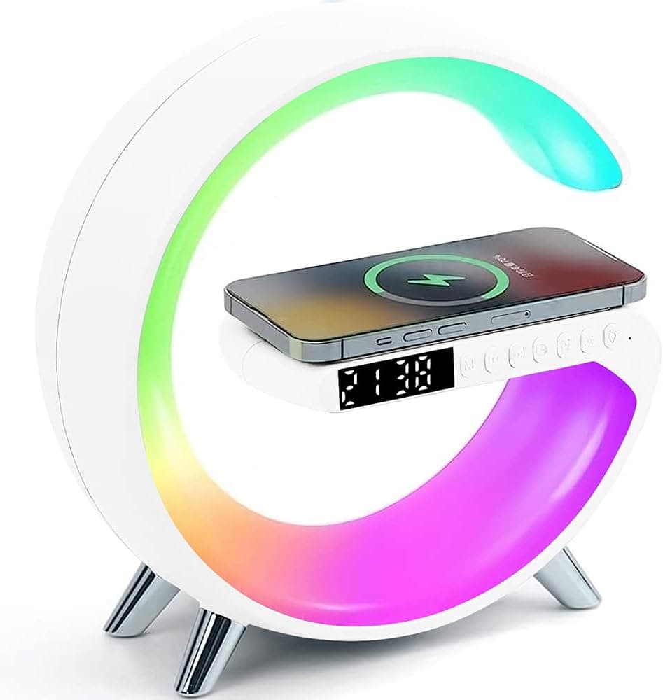 Etamibel 4 In 1 Wireless Charger Night Light Lamp| Bluetooth Speaker Alarm Clock| 15W Fast Charging| Home Office Study Bedside Wireless Charging Lamp For iPhone Samsung Huawei Xiaomi Qi-Enabled Phones