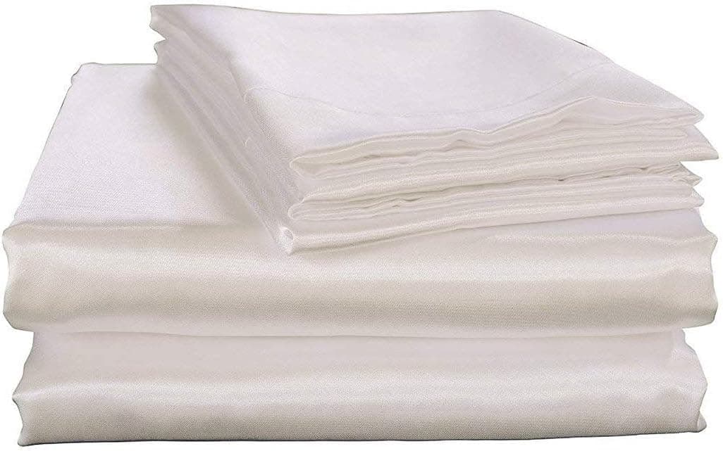 Bedify Bedding 100% Pure Silk Satin Sheet Set 4pcs, Silk Fitted Sheet 15" Deep Pocket Mattress fit,Silk Flat Sheet&Silk Pillowcases Set Cool Soft Silk Sheets|Wrinkle Free Fade Resistant Queen White