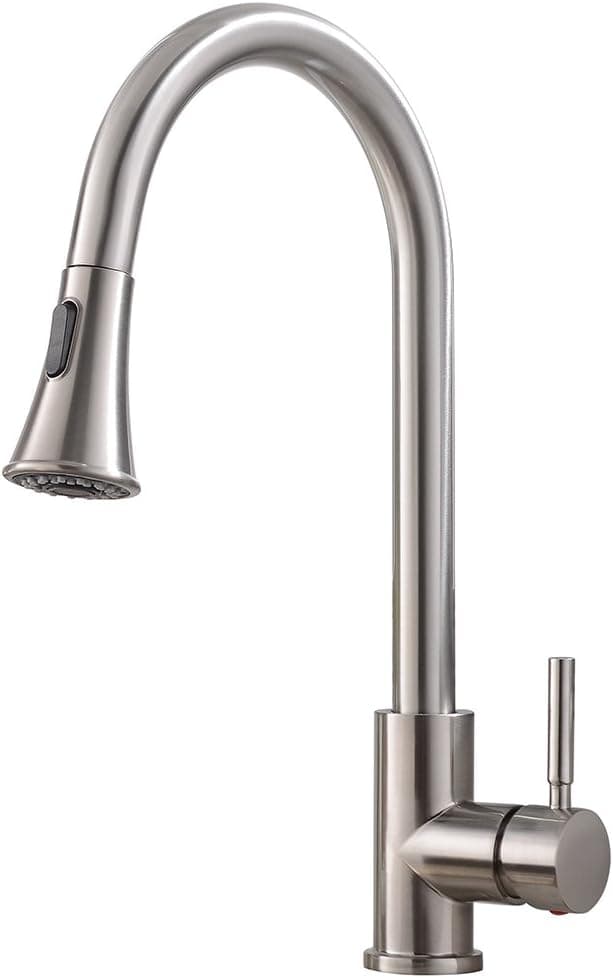 KINGO HOME Commercial High Arch Stainless Steel Single Lever Brushed Nickel Pull Down Sprayer Kitchen Faucet, Kitchen Sink Faucet with Dual Function Spout Sprayer