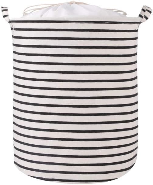 STAHONE 17.7" Large Collapsible Laundry Basket, Drawstring Waterproof Dirty Clothes Laundry Hamper,Foldable Linen Bin Storage Organizer with Handles for Kids Room,Toy Storage (Black Narrow Strips,M)