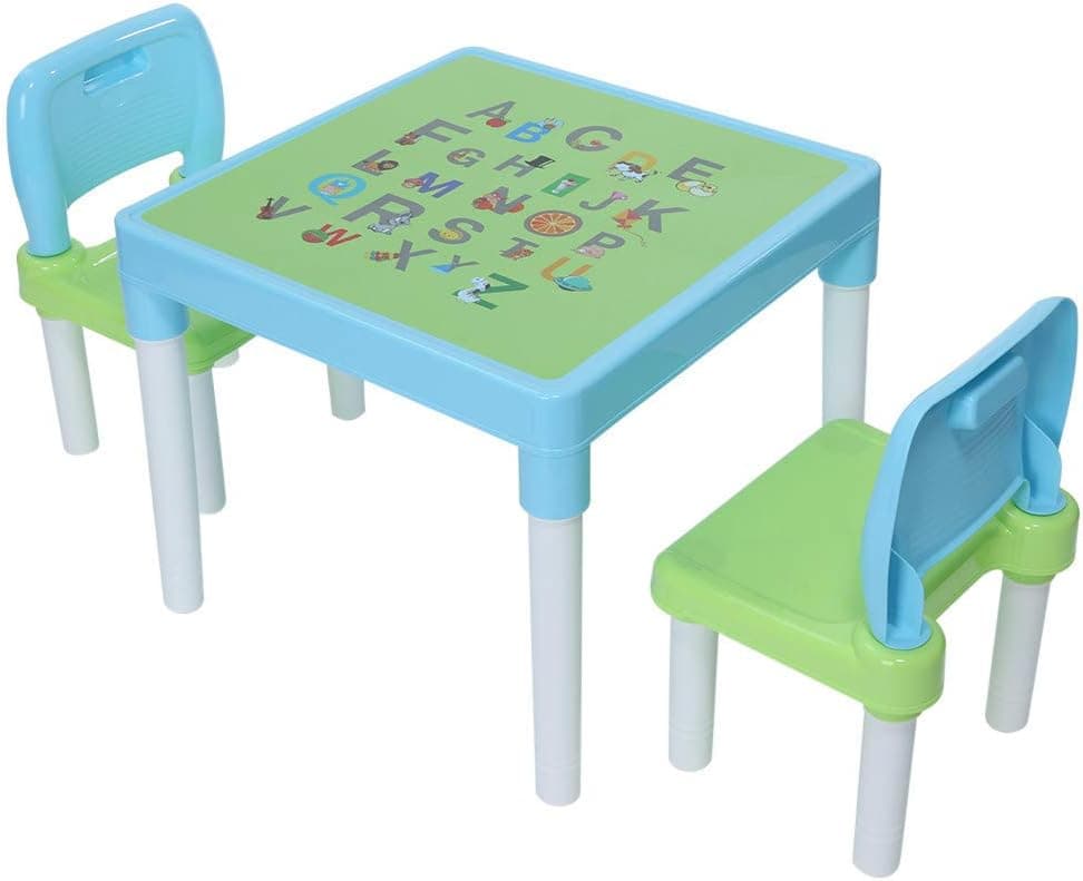 N/Q Kids Study Table and Chairs Set,Children's Plastic Chair Table 20x20x17.31inch(51.5x51.5x44CM) Chairs12x11x18inch(30x28x46). Pink Printing/Blue Printing (Light Blue)