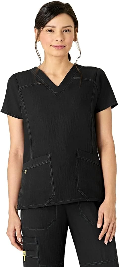 WonderWink Women's Four Stretch Sporty V-Neck Scrub Top (Black, XXX-Large)