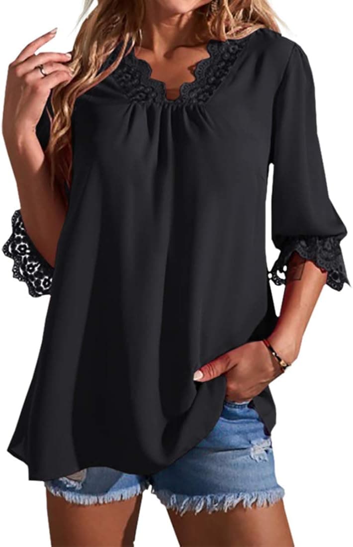 Grlasen Women's Fashion 3/4 Lace Sleeve Top Lace Casual Loose T-Shirt Blouses Black