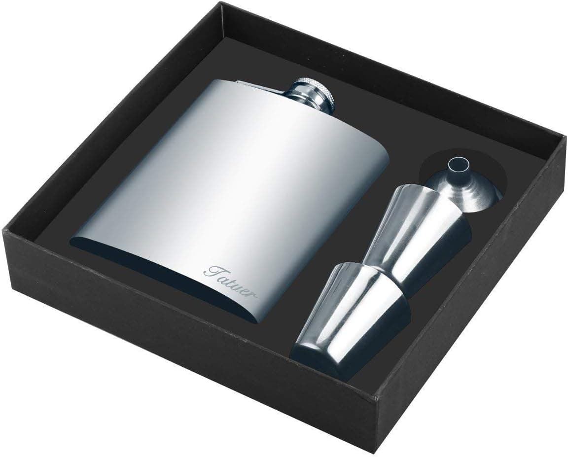 Stainless Steel Flask Funnel Set, Tatuer 7 oz Whiskey Flask Vodka Alcohol Flask, Hip Flask, Flask For Men, Flask with 2 Camping Cup + Funnel For Ski Travel Climbing Fishing Camping 196ml Silver