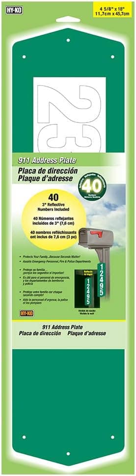 Hy-Ko Products 911 Address Plate 4 5/8" X 18" (3" Numbers) Green, 1 Piece