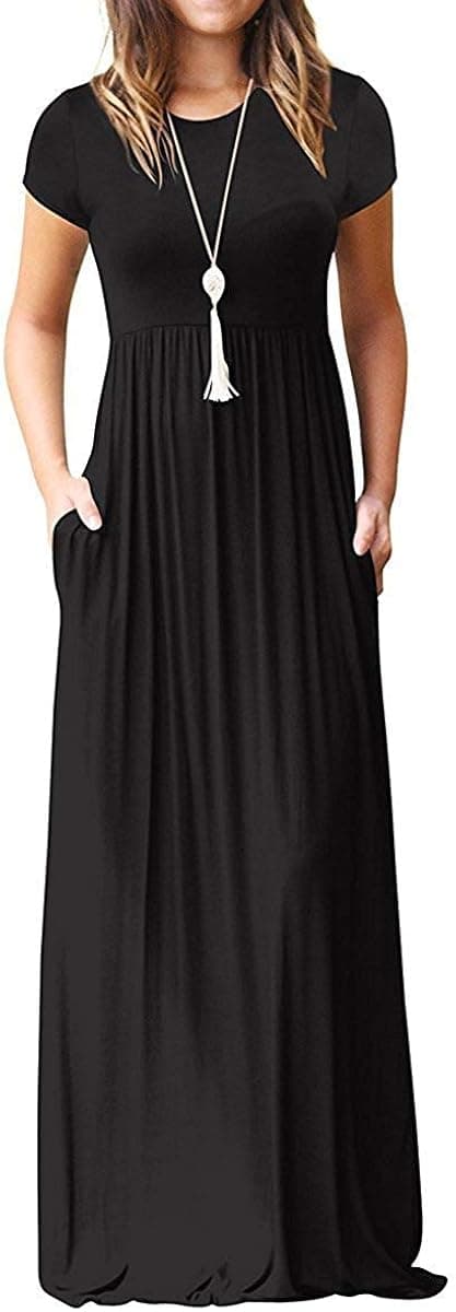TODOLOR Women Short Sleeve Loose Plain Casual Long Maxi Dresses with Pockets