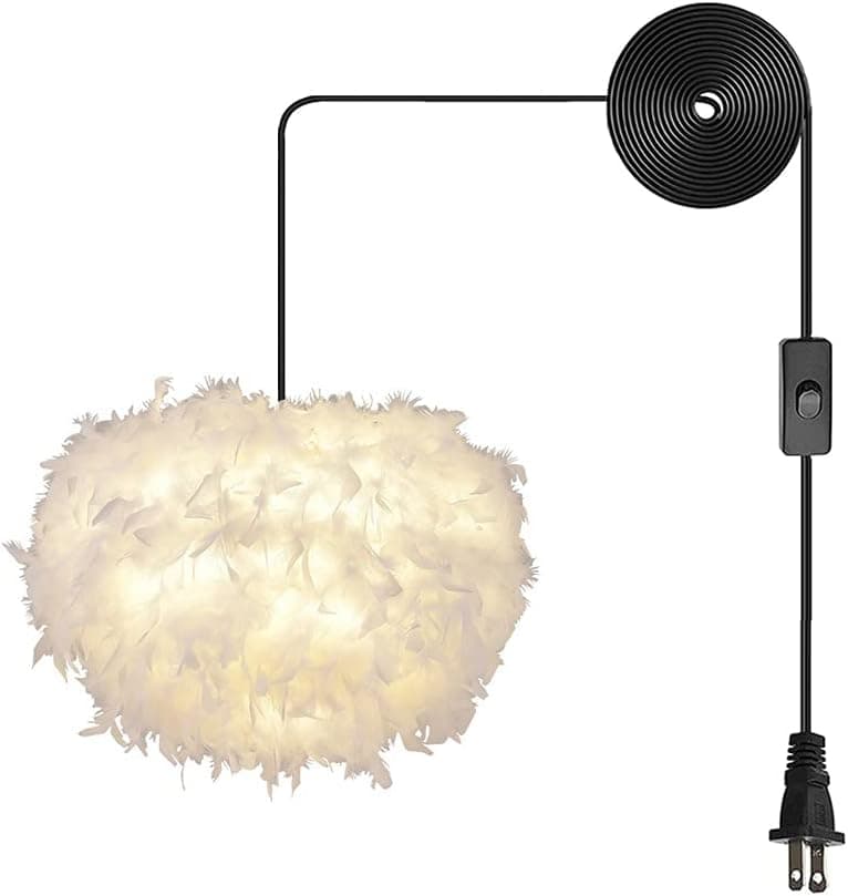 AECBUY Hanging Lights with Plug in Cord, Hand-Woven White Feather Lamp,Pendant Light Fixture Hanging Ceiling Lamp with Plug and Cord for Bedroom Living Room