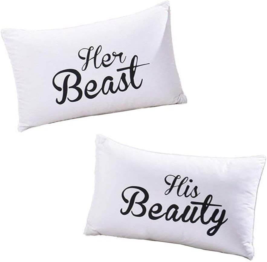 DasyFly His Hers Couples Pillowcases,2PCS Her Beast and His Beauty Pillow Case,Cute Couples Gifts Wedding Gifts V-Day Gifts for Girlfriend Boyfriend