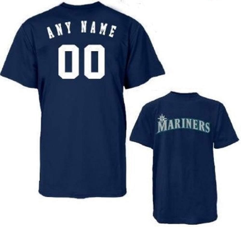 Majestic Athletic Seattle Mariners Custom (Any Name/# on Back) Youth & Adult Licensed Replica Jersey Tee