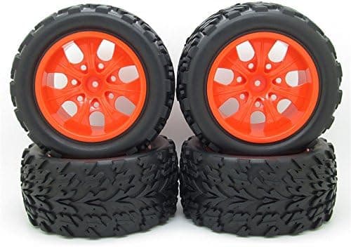JIUWU RC 1:10 Truck Off-Road Car Rubber Tires + 7 Spokes Wheel Rim Black Rc Car Parts Pack of 4