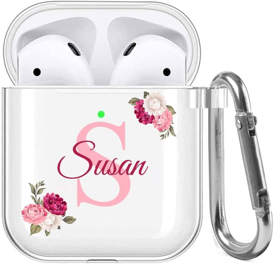 Custom Name & Initial Crystal Clear Airpods Case for Apple AirPod 1 and 2nd Generation，Thin Shockproof Protective Customized Transparent Case（Mei Red Flowers）