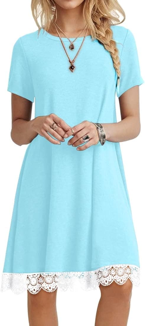 POPYOUNG Women's Summer Casual Lace Hem Tshirt Dresses Short Sleeve Boho Beach Dress