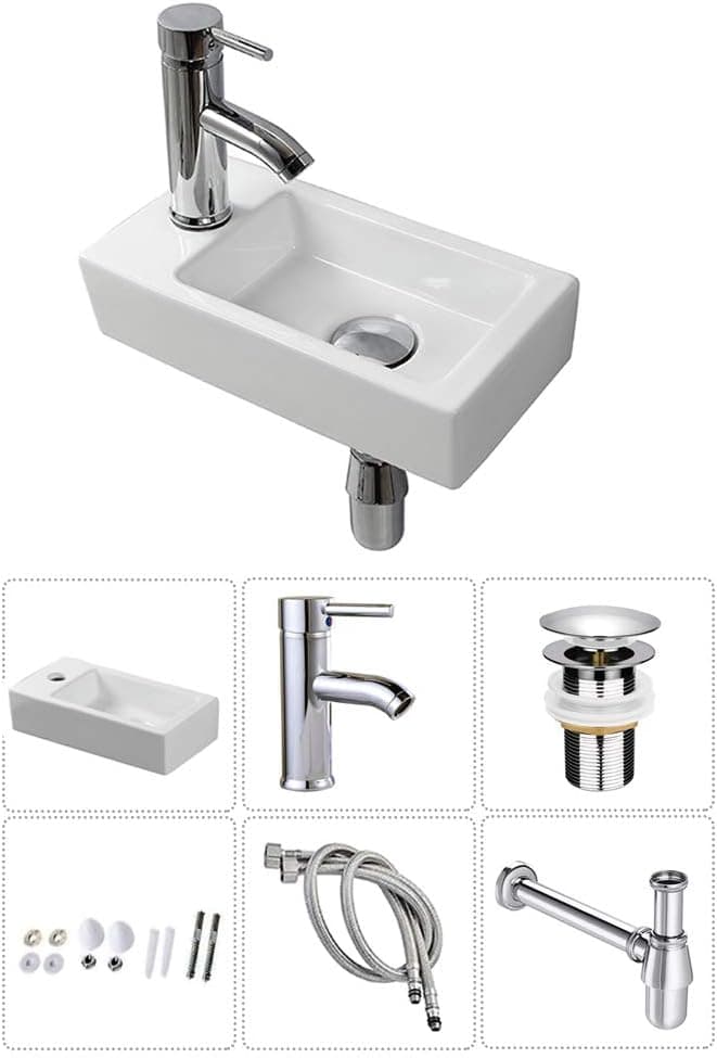 Wall Hung Basin Sink Small Cloakroom Basin Rectangle Ceramic Wash Basin Right Hand (Left Hand Sink Set(with Faucet&Drain))