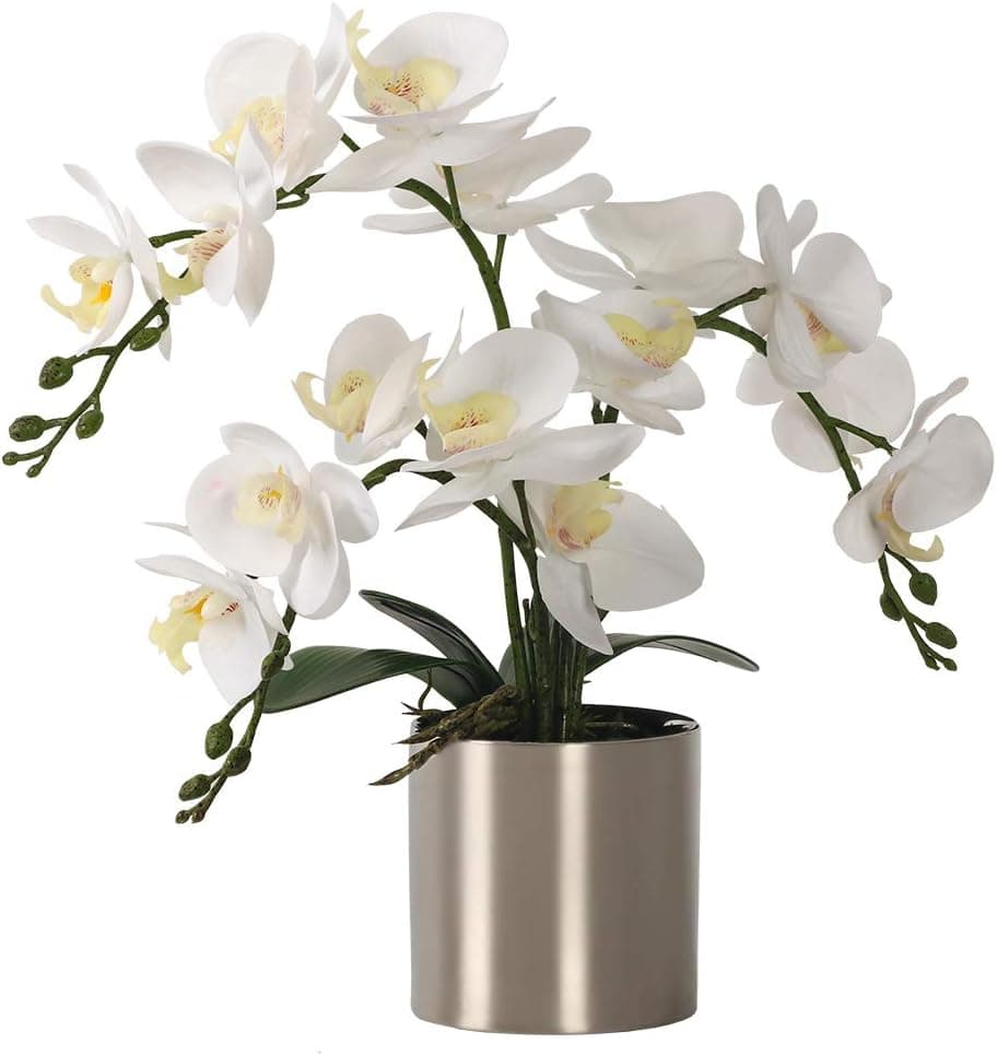 LESING Artificial Orchid Flower with Vase, White Orchid Bonsai Faux Orchid Phalaenopsis Plant Pot Arrangements for Home Decoration (White,Silver Vase)
