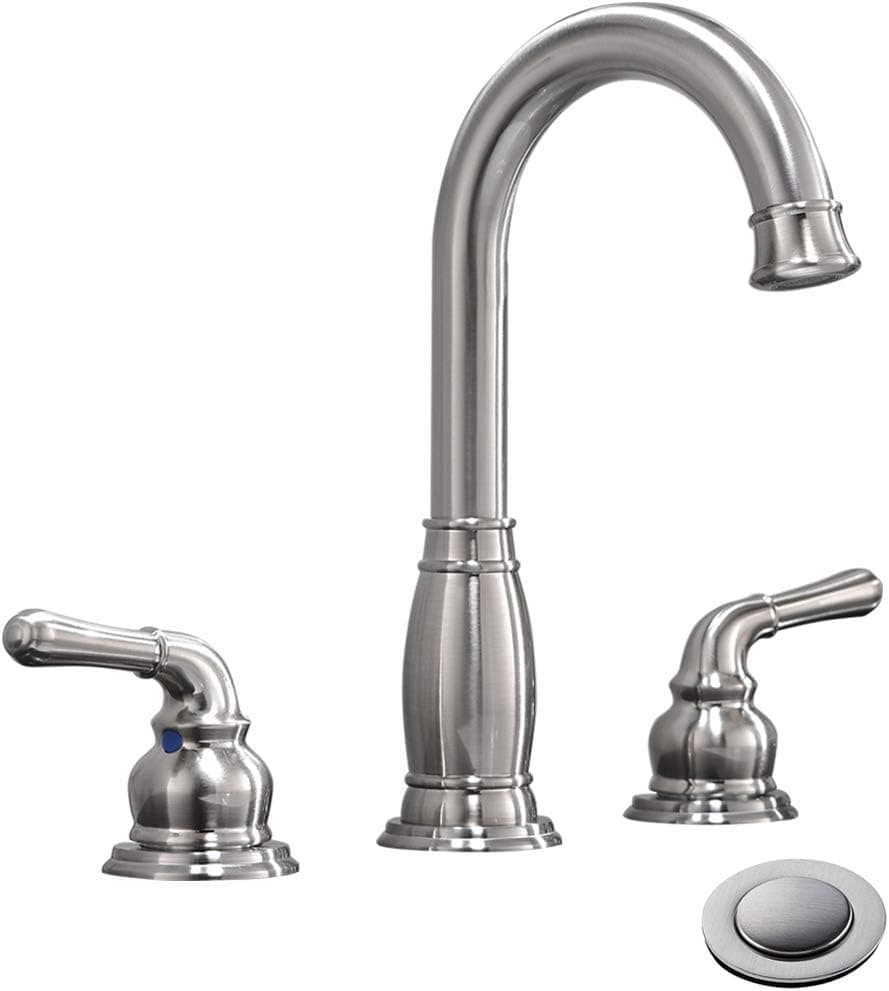 3-Hole 8 inch 2-Handle Widespread Brushed Nickel Bathroom Faucets with Valve and Metal Pop-Up Drain Assembly by phiestina, WF017-8-BN