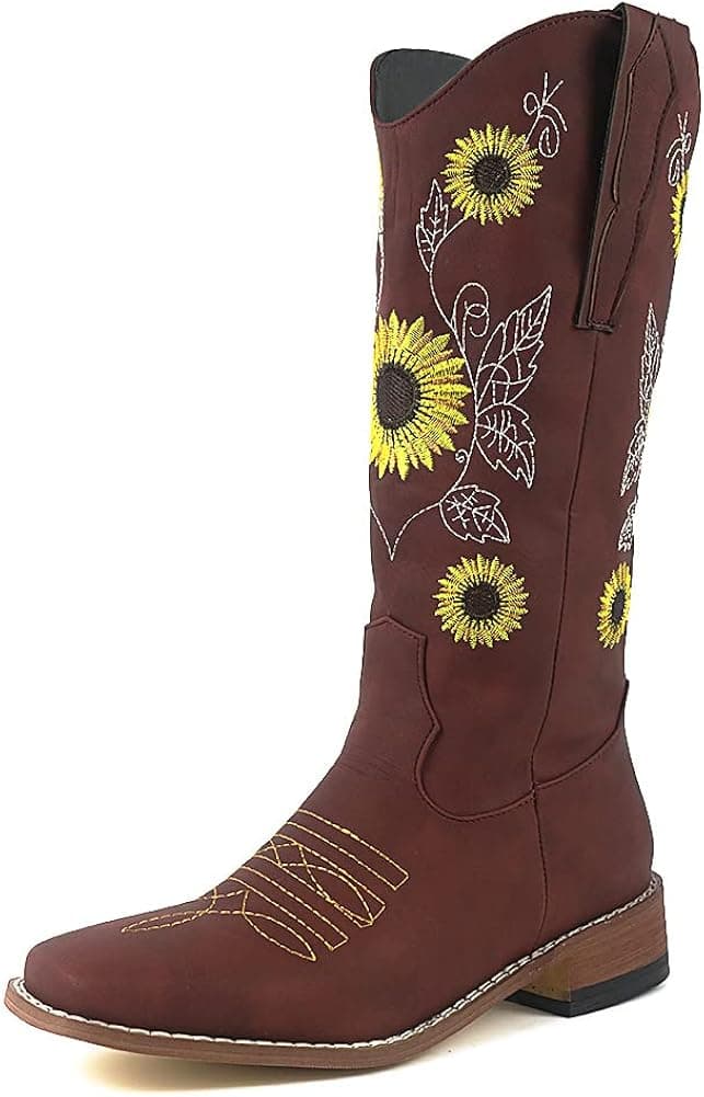 mikarka Womens Retro Floral Embroidered National Style Pointed Toe Western Cowboy Mid Calf Boots