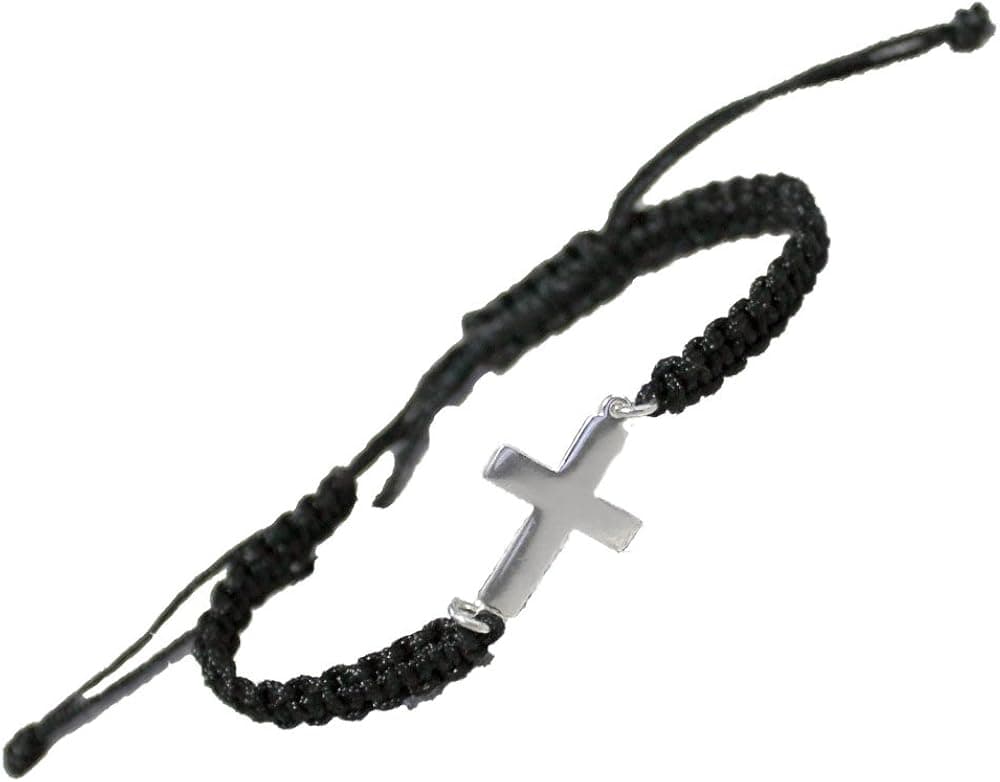 Sterling Silver Greek Orthodox Cross with Rosary (Komboskini) Style Adjustable Macrame Bracelet, Handmade in Greece