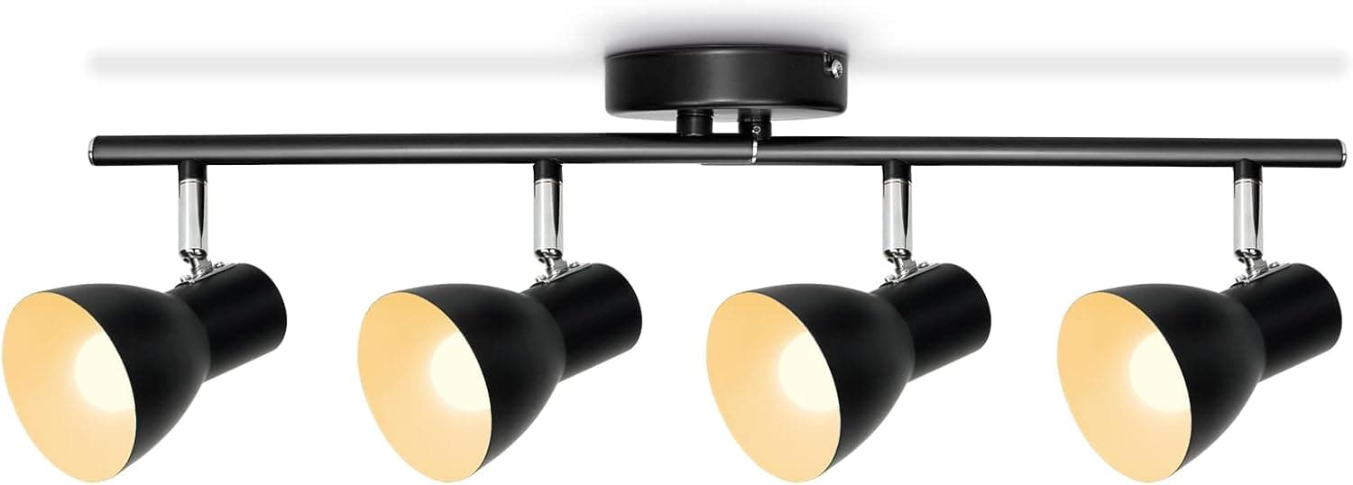 Klaimbmo Black Track Lighting Fixtures Kit, 4-Light E12 Adjustable Track Heads, Foldable LED Track Ceiling Light for Kitchen, Dining Room, Bedroom, Office, Closet Room