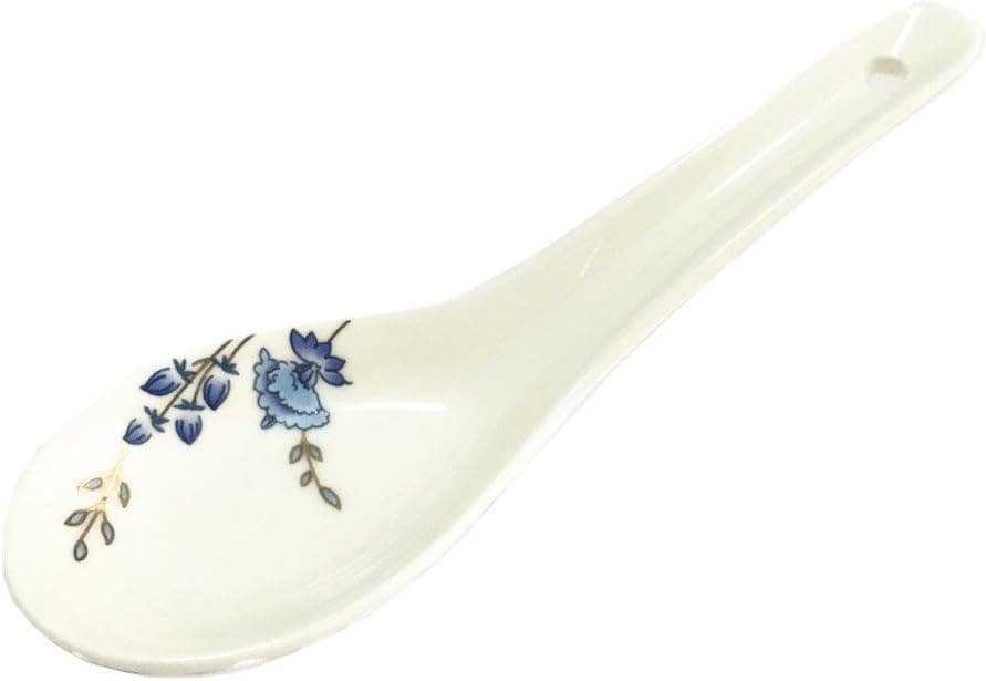 Derker Set of 8 White Porcelain Blue Flower Patterned Asian Soup Spoons 4.8" Long (Bud)