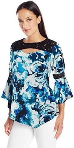 NY Collection Women's Petite Size PRT Ls Angel Knit Pullover W Crochet Trimmed Yoke