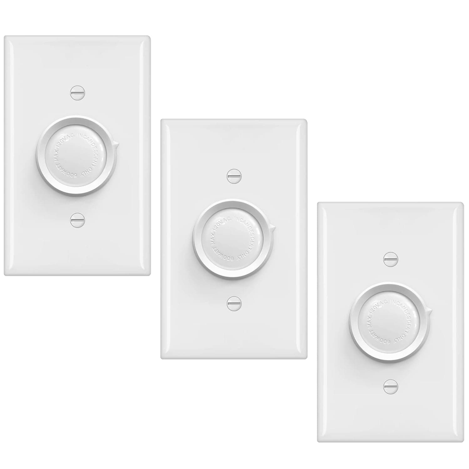(3 Pack) CML Single Pole Rotating Dimmer Light Switch, Rotate On/Off, Rotary Dimmer Knob for CFL, LED and Incandescent Bulbs, Wallplate Included, White