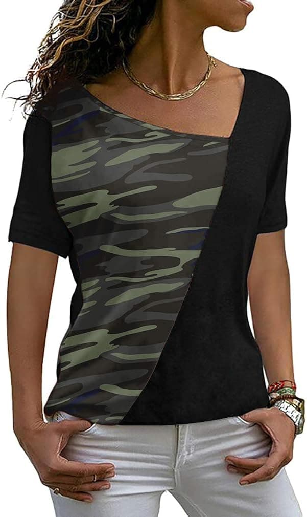 AYIFU Womens Summer Tops Short Sleeve Casual Shirts Asymmetric Neck Color Block Tunic
