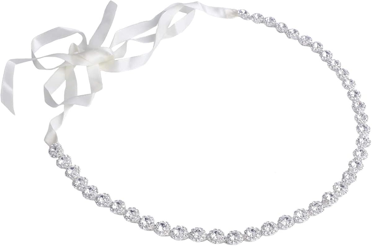 Sppry Bridal Rhinestone Belt - Thin Wedding Sash for Women Dress Gown (Silver, Ivory Ribbon)