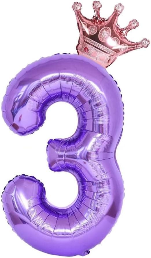 40-Inch Purple Number 3 Crown Balloons Set, 3rd Birthday Balloons for Girls, Wedding Anniversar Celebration Decorative Balloons. (3)