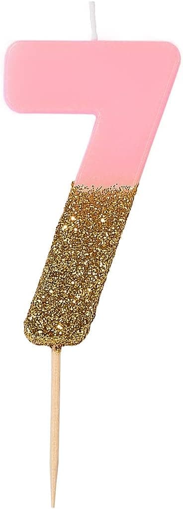 Talking Tables Pink Number 7 Candle with Gold Glitter Premium Quality Cake Topper Decoration for Kids, Adults, 7th, 70th Birthday Party, Anniversary, Milestone Age, Height 8cm, 3", PINK7
