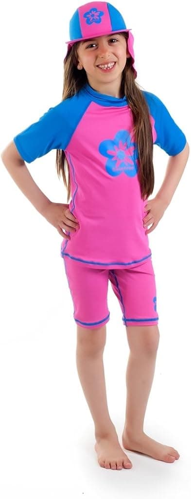 Girls size 6 Pink/Blue Sun UV Protective Rashguard Swimsuit swim shirt & shorts SPF+50 Swim Suit for Kids Age 6 Years Old